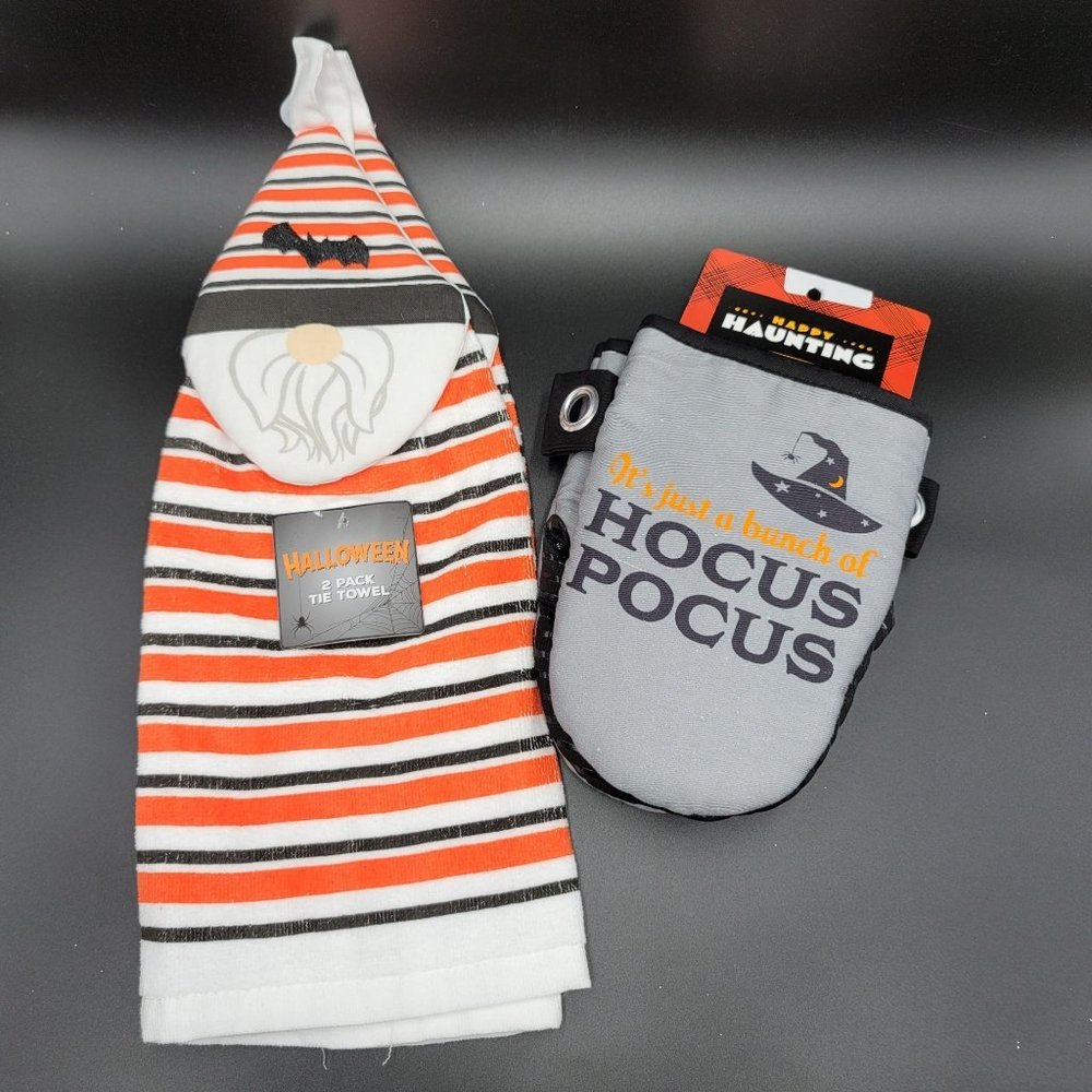 Seasonal Kitchen Linen Set 4 pc Gnome Towel Hocus Pocus Oven Mitt Linens